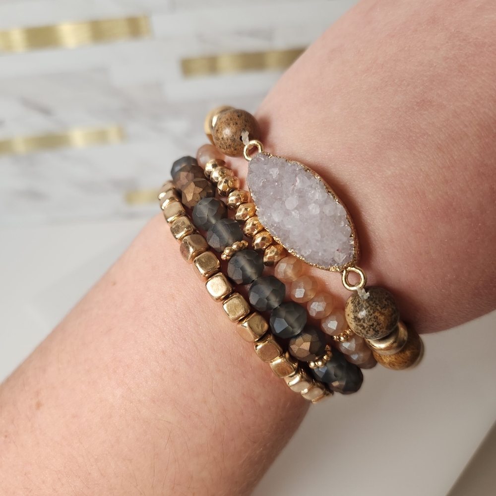 Gold and Gray Beaded Stretch Bracelet with Druzy Accent Set of 4